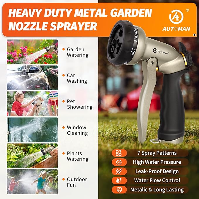 AUTOMAN Garden Hose Nozzle - 7 Patterns Sprayer, 100% Metal High Pressure Spray Nozzle, Labor-Saving Design, Heavy Duty Water Hose Nozzle for Garden Watering, Car Washing, Window Cleaning,Pets Bathing