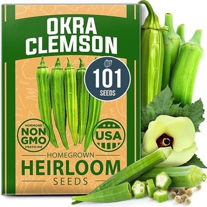 HOME GROWN 𝗨𝗦𝗔 𝗣𝗥𝗘𝗠𝗜𝗨𝗠 Clemson Spineless Okra Seeds 101+ 𝗡𝗢𝗡-𝗚𝗠𝗢 Heirloom Vegetable Seeds for Planting Easy to Grow Outdoor Summer Garden High Germination Rate (Abelmoschus esculentus)