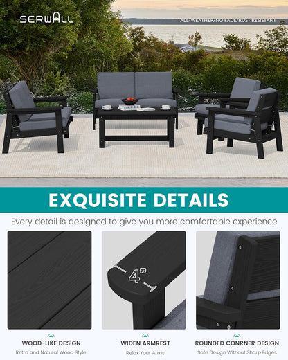 SERWALL HDPE Patio Furniture Set, 5 Piece All Weather Wood-Like Sectional Outdoor Furniture Set, Black Patio Sofa Couch with Grey Cushions for Deck, Lawn