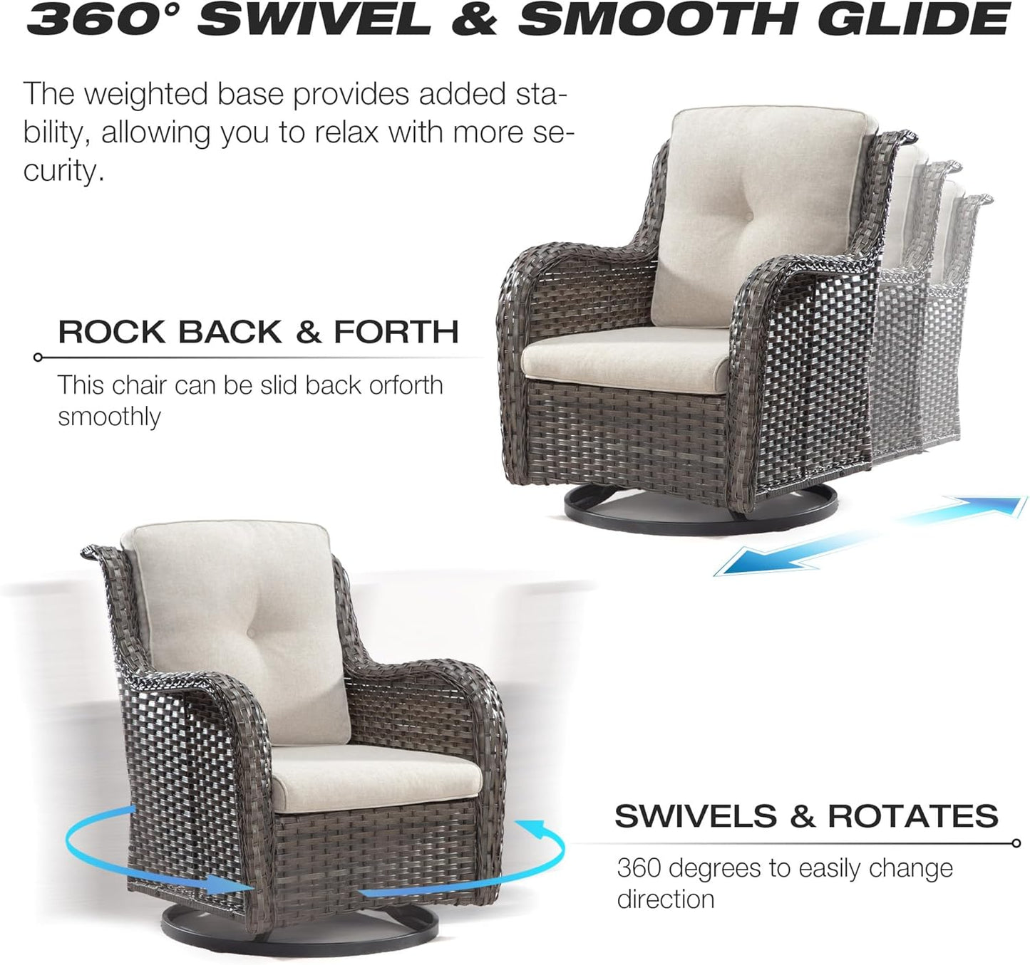 Joyside Outdoor Swivel Rocker Patio Chair and Matching Side Table - 2-Piece Wicker Patio Bistro Set with Premium Fabric Cushions(Brown Mixed with Grey/Beige)