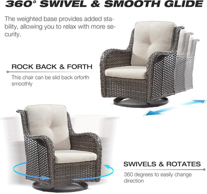 Joyside Outdoor Swivel Rocker Patio Chair and Matching Side Table - 2-Piece Wicker Patio Bistro Set with Premium Fabric Cushions(Brown Mixed with Grey/Beige)