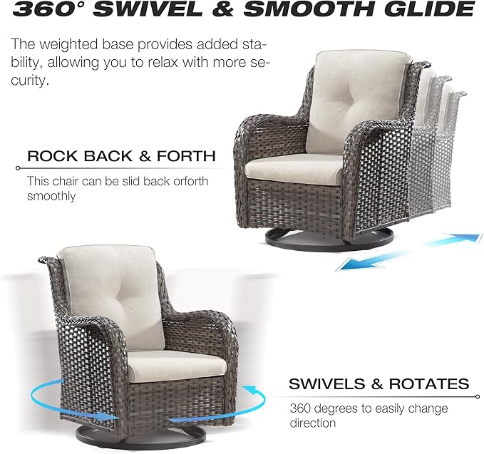 Joyside 5 Piece Outdoor Patio Furniture Set Wicker Conversation Bistro Set Swivel Rocking Chairs with Side Table and Ottomans for Backyard, Porch, Deck(Mixed Grey/Beige)