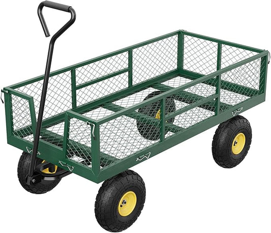 GarveeLife 900 LBS Garden Cart with Removable Mesh Sides, Heavy Duty Steel Garden Wagon with Adjustable Handles & 10 in Pneumatic Tires, Utility Wagon for Lawn Camping Farm Yard, Green+Black