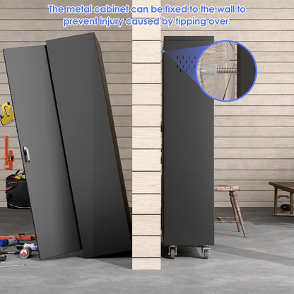 27.6 in Wide Garage Storage Cabinet with Wheels, Metal Storage Cabinet with Pegboards and 4 Adjustable Shelves, Garage Storage System with Lockable Door for Offices, Gyms and Pantries, Black