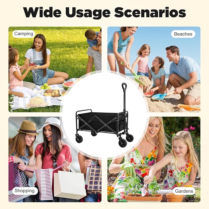 Foldable Wagon Cart with 5 Inch Rubber Wheels and Adjustable Handle Heavy Duty Collapsible Utility Cart for Garden Beach Camping and Shopping Large Capacity and Portable Design Black