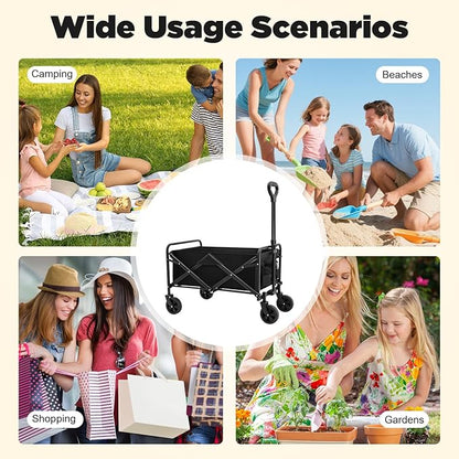 Collapsible Folding Wagon Garden Cart, 31" 176 LBS Capacity Beach Wagon with 5" Rubber Wheels, Adjustable Handle and 2 Cup Holders, Utility Wagons Carts for Grocery Camping Sports Shopping Garden