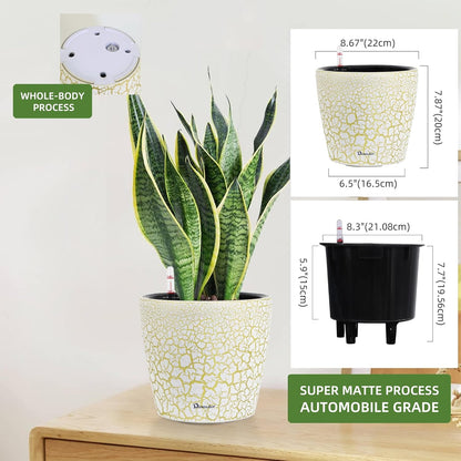 Dexceder 9x8 Inches Self Watering Planter Indoor Outdoor, Inner Pot Design, Thickened Table Flower Plant Pot with Water Level Indicator (White Gold Crackle)