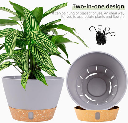 QCQHDU 2 Pack Hanging Planters for Indoor Outdoor Plants, 10 Inch Hanging Baskets Flower Pots with Reservoir Tray & Visible Water-Level
