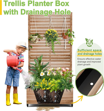 FENCY Metal Raised Garden Bed with Wheels and Trellis,73"x35"x16" Planter Box for Climbing Plants, Vegetables & Vines, Features Privacy Screen and Drainage Holes (Natural Wood Color)