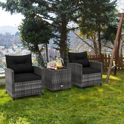 RELAX4LIFE 3 Piece Patio Furniture Set, Wicker Bistro Conversation Set w/2 Cushioned Armchairs & Glass Topped Table, Outdoor Rattan Sofa Set Patio Furniture for Porch Balcony Poolside (Grey-Black)