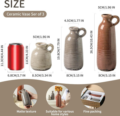 Ceramic Vases Set of 3, Neutral Rustic Farmhouse Vase with Handle, Decorative Flower Vases Home Decor Modern Boho Pampass Vase for Table Mantel Entryway Shelf Living Room Kitchen Bathroom - Brown