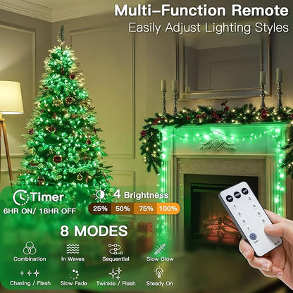 suddus Connectable Green Chirstmas Lights Outdoor with Remote, 66ft 200 LED String Lights Plug in Waterproof, Dimmable Clear Wire Fairy Lights for Xmas Tree,Halloween,Garden,Porch,Party Decorations