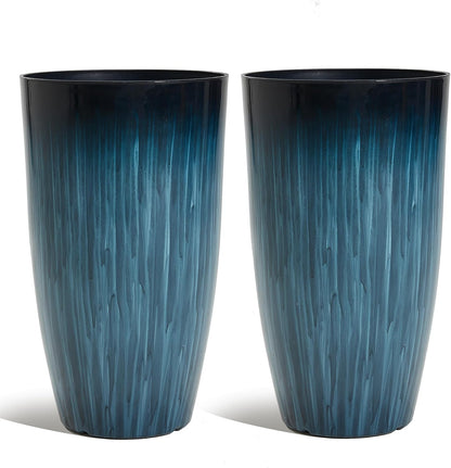 Worth Garden 20" H. Large Plastic Planters - Set of 2 Gradient Blue Glossy Smooth Finish - Tall Plant Pots for Indoor & Outdoor Use - Decorative Lightweight Flower Pots for Front Porch, Patio, Deck