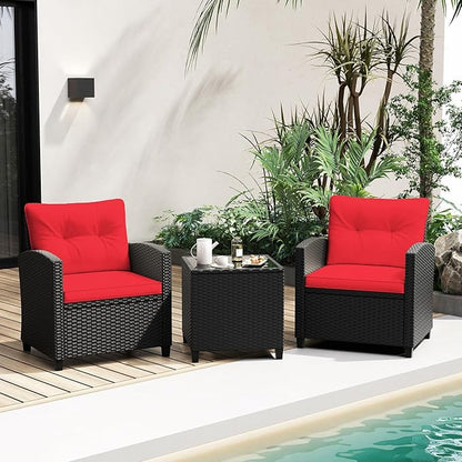 RELAX4LIFE 3-Piece Patio Furniture Set - Wicker Rattan Bistro Sofa Set w/Glass Top Coffee Table, Washable Cushions for Porch Balcony Backyard Poolside, Outdoor Furniture Conversation Set (Red)