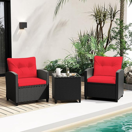 RELAX4LIFE 3-Piece Patio Furniture Set - Wicker Rattan Bistro Sofa Set w/Glass Top Coffee Table, Washable Cushions for Porch Balcony Backyard Poolside, Outdoor Furniture Conversation Set (Red)