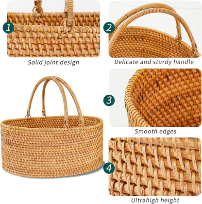 12.6"×9"×5" Rattan Picnic Basket with Handles, Large Oval Gift Basket, Hand-Woven Basket for Fruit, Empty Gift Basket for Festival, Wedding, Camping