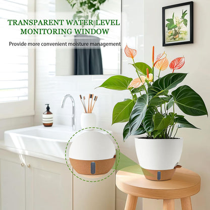 2 Pack 10 inch Plant Pots, Plastic Self Watering Planters with Drainage Holes, Deep Reservoir, Water Level Indicator, Modern Decorative Flower Pots for Indoor Outdoor Plants (White, 10 inch)