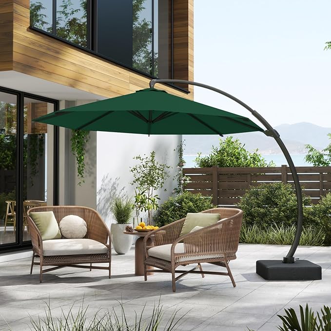 11FT Cantilever Umbrella with Base Large Curvy Outdoor Aluminum Offset Umbrella w/ 360° Rotation, UV Resistant Canopy for Patio, Garden, Backyard, Forest Green