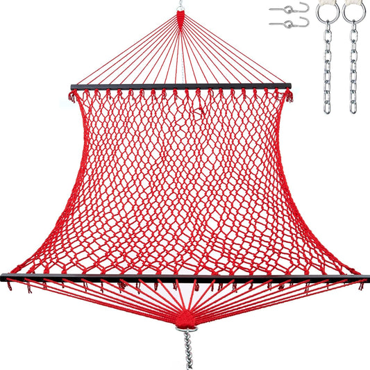 12ft Double Hammocks, Handwoven Traditional Cotton Rope Hammock with Hardwood Spreader Bar, Chains and Hooks for Indoor Outdoor, Max 450 lbs Capacity (Cherry, Full)