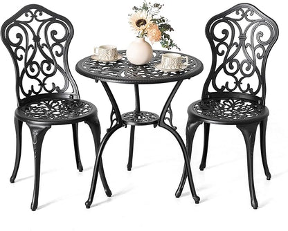 NUU GARDEN 3 Pieces Patio Bistro Set, Outdoor Bistro Set with 2 Chairs, Round Table with Umbrella Hole, All-Weather Outdoor Patio Bistro Set for Garden, Lawn, Poolside, Porch, Black