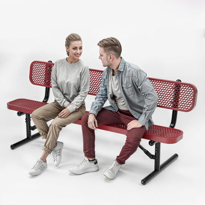 Heavy-Duty Outdoor Metal Bench, Thermoplastic-Coated, Portable, Weatherproof, Commercial-Grade for Parks, Gardens, Patios, Stores & More (6 Ft - Portable with Back, Red)
