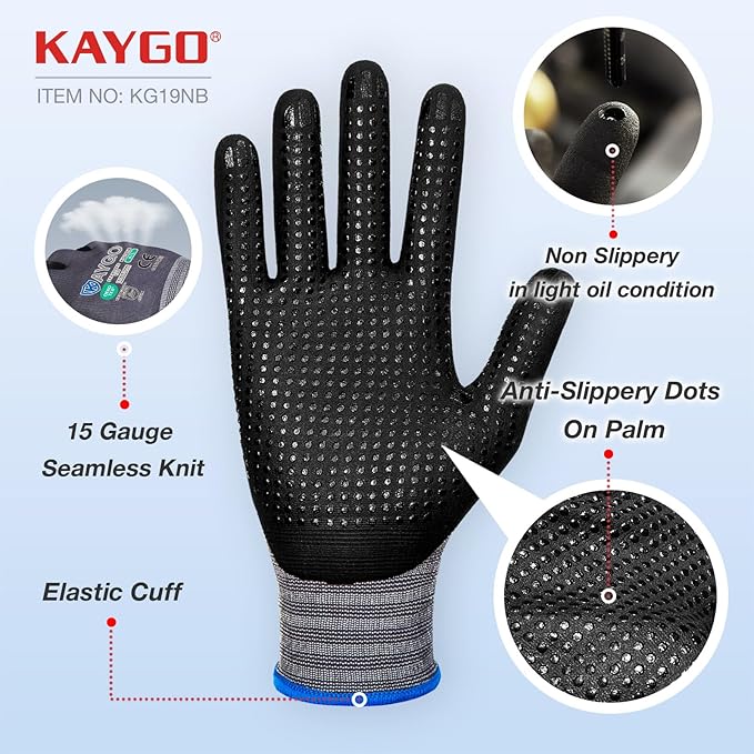 KAYGO MicroFoam Nitrile Coated Work Gloves, 3 Pairs KG19N Seamless Knit Nylon, Micro Dots for Enhanced Grip, Breathable and Durable, Ideal for Automotive, General Assembly, Painting, Gray, L