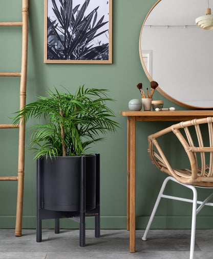 D'vine Dev Planter Pot with Stand - 10 Inch Plastic Cylinder Flower Pot with Wood Planter Holder for Indoor, Matte Black Pot + Ebony Stand, 55-C-N-2