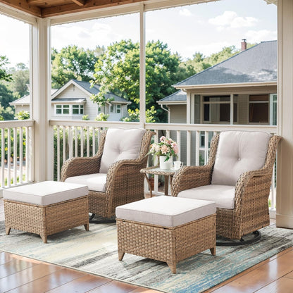 5 Pieces Patio Furniture Sets Wicker Outdoor Furniture, Rattan Patio Swivel Glider Chairs with 2 Ottoman and Glass Side Table, Yellow Wicker