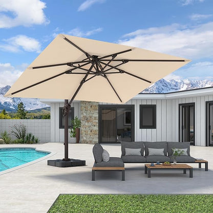 9' X 12' Cantilever Patio Umbrella with Base Included 360°Rotation Rectangular Outdoor Large Offset Umbrellas Double Top Heavy Duty Windproof for Garden Deck Pool, Beige