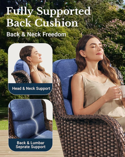 HILLGA Luxury Outdoor Swivel Rocker Patio Chairs of 2 with 6 Inch Thick Cushions and Side Table, Swivel Outdoor Chairs 5PCS High Back Wicker Patio Furniture Set for Porch, Balcony, Deck in Blue