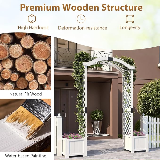 Giantex Garden Arbor with Planter Boxes, Wooden Arch with Trellis and Raised Garden Bed for Climbing Vine Plants Vegetables Herbs, Decorative Arbor Archway for Wedding, Ceremony, Party (White)