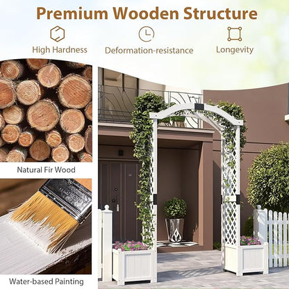 Giantex Garden Arbor with Planter Boxes, Wooden Arch with Trellis and Raised Garden Bed for Climbing Vine Plants Vegetables Herbs, Decorative Arbor Archway for Wedding, Ceremony, Party (White)