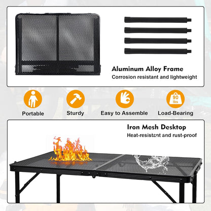 Camping Table with Mesh Desktop, Lightweight & Portable Folding Grill Table, Height Adjustable Metal Outdoor Table for Camp, Cooking, BBQ, RV, Picnic-3 FT Black
