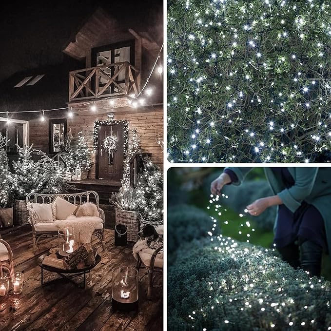 OZS 4 Pack 320LED Solar String Lights Outdoor, Waterproof 8 Modes Solar Tree Light, Green Wire Christmas Lights Outdoor for Garden, Party, Wedding, Christmas Decorations (Cool White)