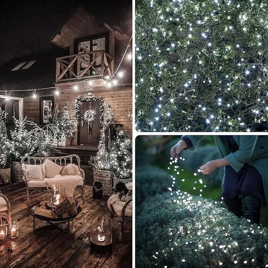 OZS 4 Pack 320LED Solar String Lights Outdoor, Waterproof 8 Modes Solar Tree Light, Green Wire Christmas Lights Outdoor for Garden, Party, Wedding, Christmas Decorations (Cool White)