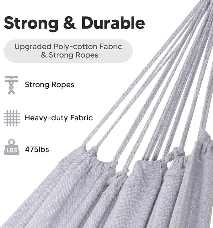 SUNCREAT Tree Hammocks for Outside, Double Hammocks 2 Person Heavy Duty for Trees, Light Gray