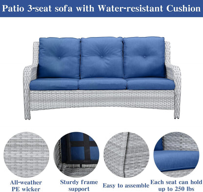 Wicker Patio Furniture Sets - 13 Piece Outdoor Rattan Furniture Conversation Sets with 4 Swivel Rocker Chairs, 2 Rattan Sofas, Wicker Ottomans and Coffee Table, Light Grey/Blue