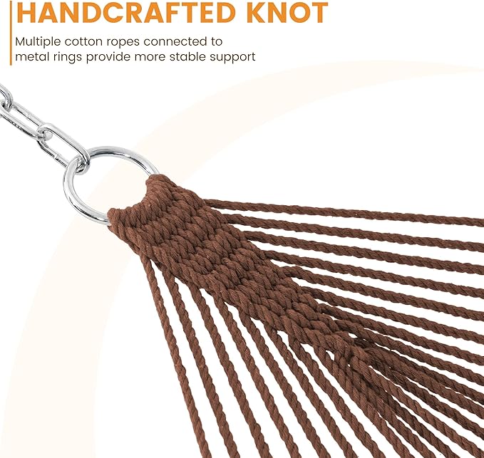 Lazy Daze Hammocks Double Rope Hammock, 2 Person Traditional Outdoor Hand Woven Cotton Rope Hammock with Spreader Bar, Chains, Tree Straps for Patio Yard - Max 450 Lbs, Dark Brown