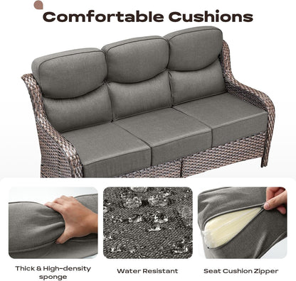 Wicker Outdoor Patio Furniture Set - 8 Piece Patio Conversation Sets with Swivel Rocker Chairs, Ottomans, Sofa and Table, 6 inch Cushions, Deep Seating, for Porch Deck Brown/Grey