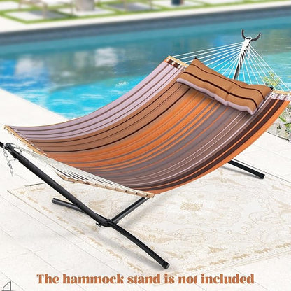 Tangkula 10.5FT Double Hammock, Heavy Duty Outdoor Hammock with Curved Spreader Bars, Detachable Pillow, 2 Person Hammocks for Outside, Porch, Patio (Stand is not Included) (Coffee)