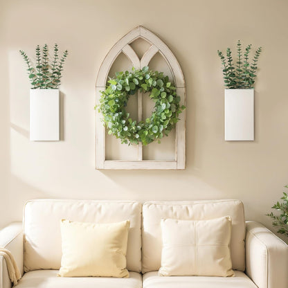 2 Pack Metal Wall Planter Vases Decor with Artificial Eucalyptus, Modern Farmhouse Rustic Hanging Pocket Planters for Indoor Greenery and Flowers, Living Room Bedroom Kitchen Decoration, White