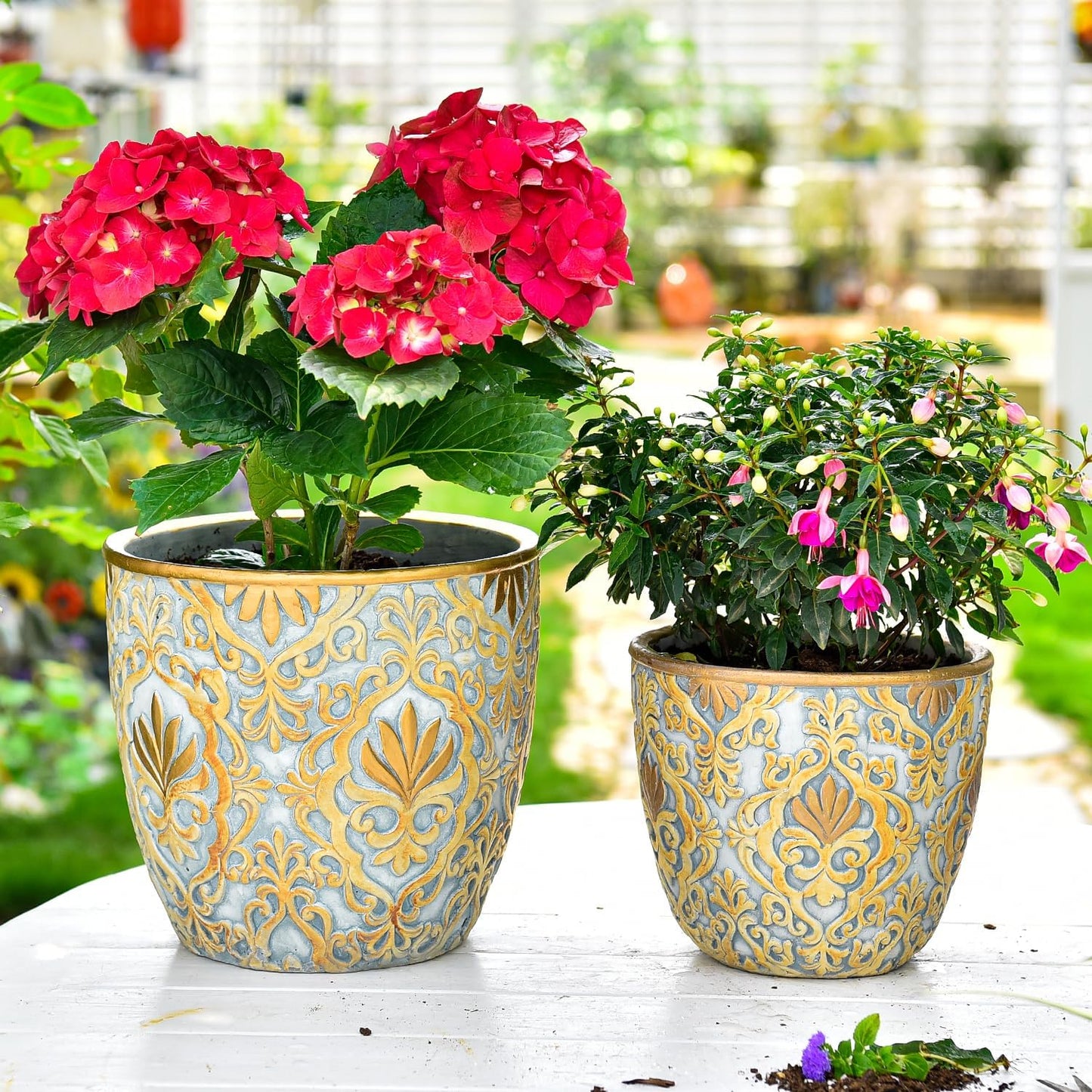 Sungmor Large Heavy Duty Cement Planters, Beautiful Embossed Concrete Garden Pots, 8" & 10" Set of 2 Plant Pots with Drainage Hole, Home Garden Decorative Flower Pots for Indoor Outdoor Plants Floral