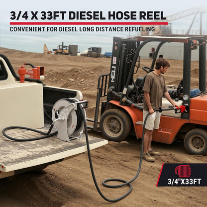 Fuel Hose Reel, 3/4" x 33FT Retractable Hose with Refueling Nozzle, 300 PSI Heavy-duty Steel Construction, Diesel Fuel Kerosene Reel Used for Aircraft Ship Vehicle Tanker Truck