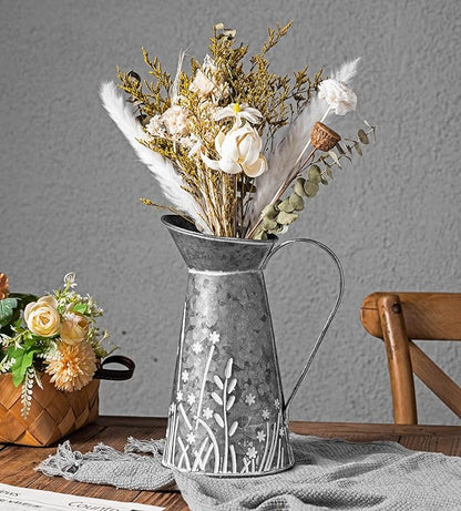 Vintage Galvanized Metal Pitcher Vase, Farmhouse Rustic Flower Vase with Handle, Decorative Floral Milk Jug Vase for Home Décor, 10.8’’H