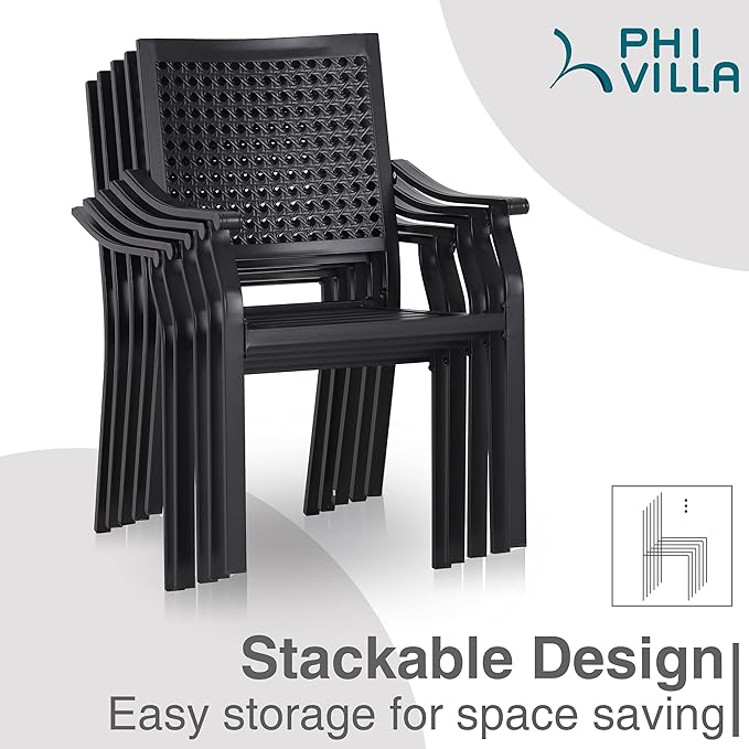 PHI VILLA 3 Piece Outdoor Patio Bistro Dining Set, Slatted Metal Round Table & 2 Stacking Iron Chairs, Outdoor Furniture Set for Porch, Deck, Balcony