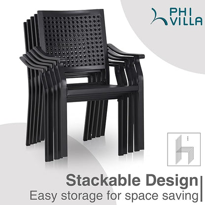 PHI VILLA 3 Piece Outdoor Patio Bistro Dining Set, Slatted Metal Round Table & 2 Stacking Iron Chairs, Outdoor Furniture Set for Porch, Deck, Balcony