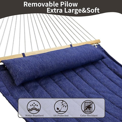 Double Quilted Fabric Hammock with Hardwood Spreader Bars and Pillow 450 LBS Capacity 2 Person Large Hammock for Outdoor Patio Backyard Poolside - Dark Blue