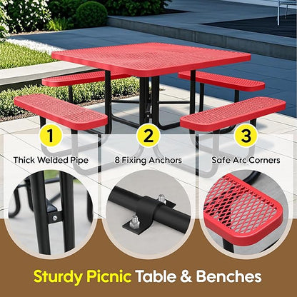 46" Square Picnic Table for Outside,Heavy Duty Metal Picnic Table Bench Set with 2in Umbrella Hole, 1600 lb Capacity,Commercial Dining Table Furniture for Garden Yard Patio Party Coffee Shop