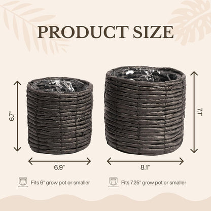Set of 2 Water Hyacinth Planter Pot Indoor for Plant, Flower Pot, Succulent Pot, Basket Planter, Decorative Pot Cover (Black)