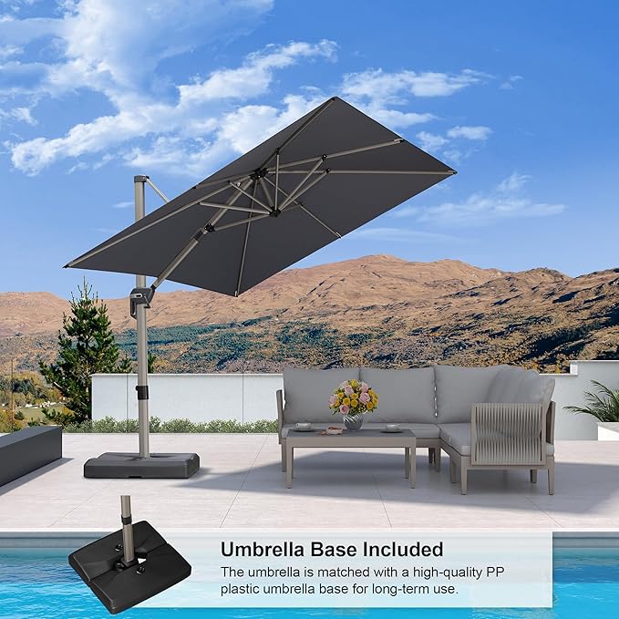 PURPLE LEAF Patio Umbrella with Base Included, 8ft Outdoor Aluminum Cantilever Umbrella with 360° Rotation, Champagne Offset Umbrella for Outdoor Garden Pool, Light Grey
